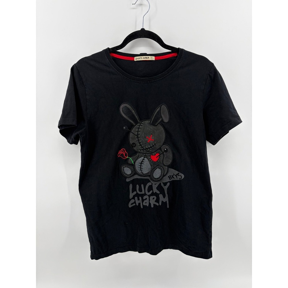 Lucky Charm Embroidered T Shirt, Black Voodoo Bunny, Streetwear, Youth 18
